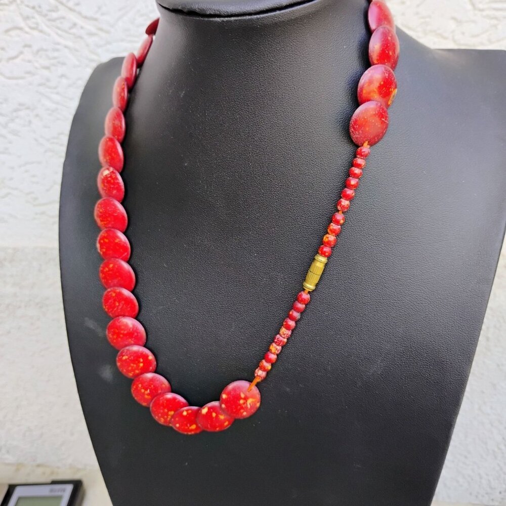 Vintage Artisan Glazed Graduated Red Disc Bead Necklace 19" Long Unique Boho - Picture 5 of 10